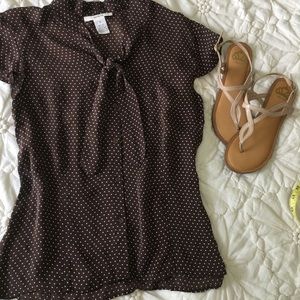 100% Silk Blouse Brown With Polka Dots Tie at Neck